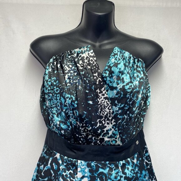 GUESS Satin Strapless Pleated V-Notched Mini Dress Women Size 6 Black Multicolor - Picture 2 of 16